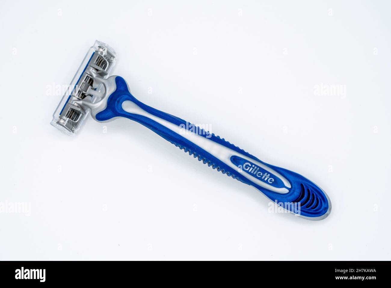 `Lloret de mar, Spain - 11.23.2021: Gillette sensor 3 comfort new razor, 3 blades Stock Photo